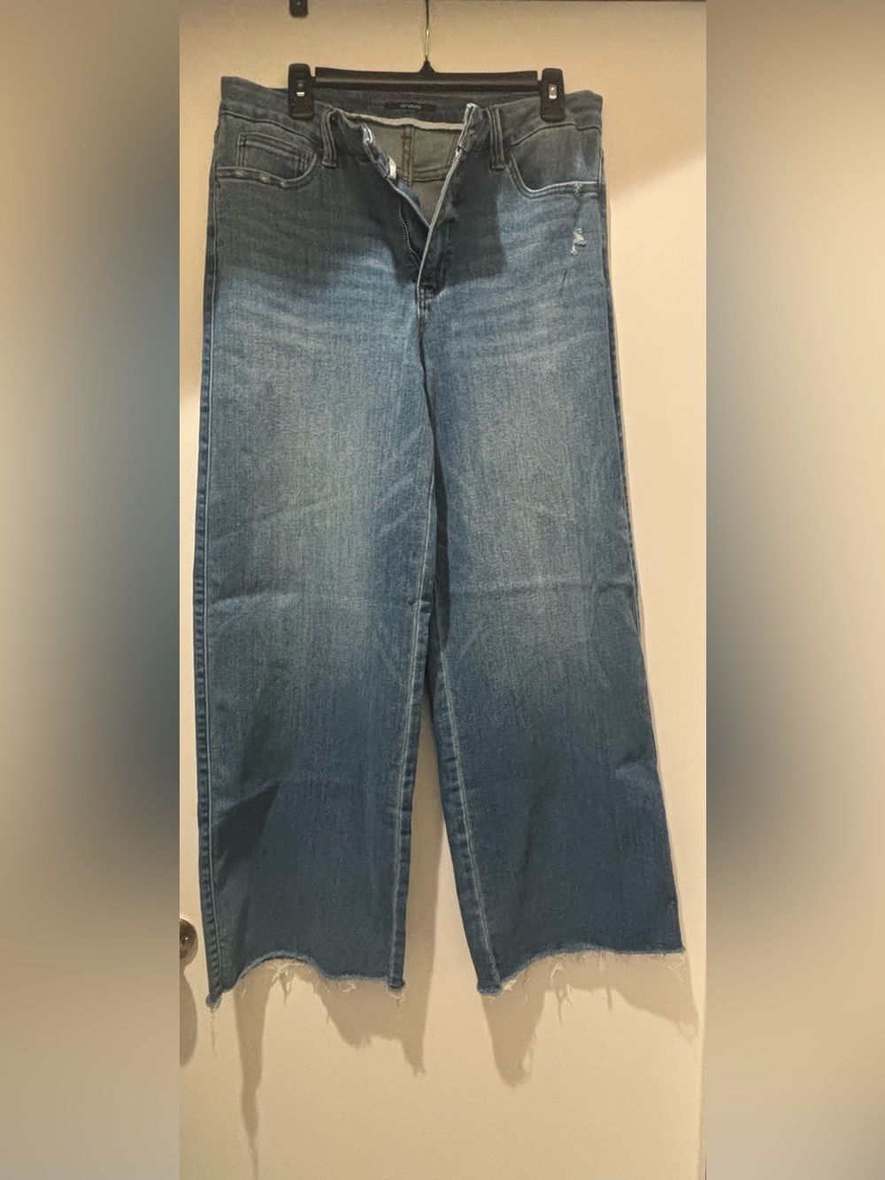 Oneso Women’s Size 32 Cropped Wide Leg Jeans Raw Hem Distressed Denim